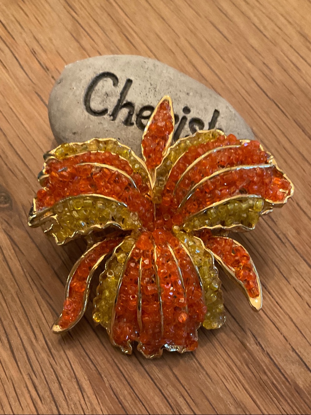 Vintage Beaded Orange & Yellow Floral Crystal Brooch
